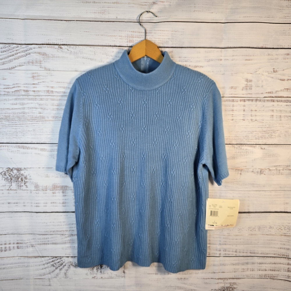 Monterey by Koret mock neck shortsleeve knit sweater shirt Womens L Blue‎ NWT